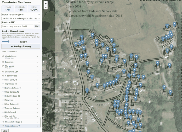 The tool used to pin houses onto each village map by hand, showing a cluster of already-placed pins.